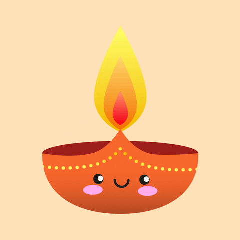 Digital art gif. An animated diwa, an oil lamp, is smiling with a big lit flame on top.
