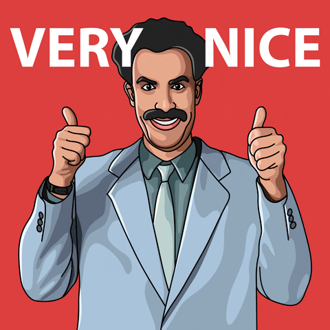 Cartoon gif. An illustration of Borat giving us two thumbs up. His eyebrows rise and fall, and his hands move slightly closer and further from us. Text, "Very nice."