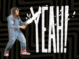 Celebrity gif. Lil Jon is spraying a bottle of champagne in celebration and he's been overlaid in front of a black background with white text reads, "YEAH!"
