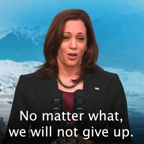 Political gif. Vice President Kamala Harris stands at a podium in front of a snowy, Arctic backdrop and says inspirationally, "No matter what, we will not give up," which appears as text.