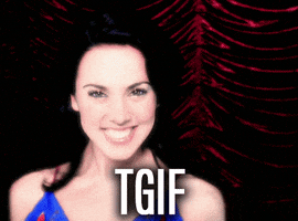 Celebrity gif. Melanie Chisholm of Spice girls smiles and throws her hands up in celebration. Text, “TGIF.”