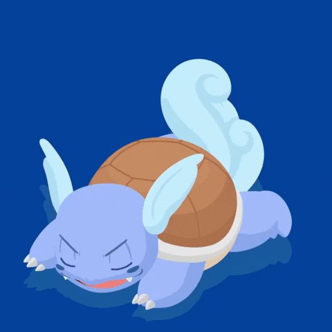Cartoon gif. Sleeping Wartortle Pokémon lies on its stomach with his whole body moving up and down like its snoring. Text, "Flattened Sleep."