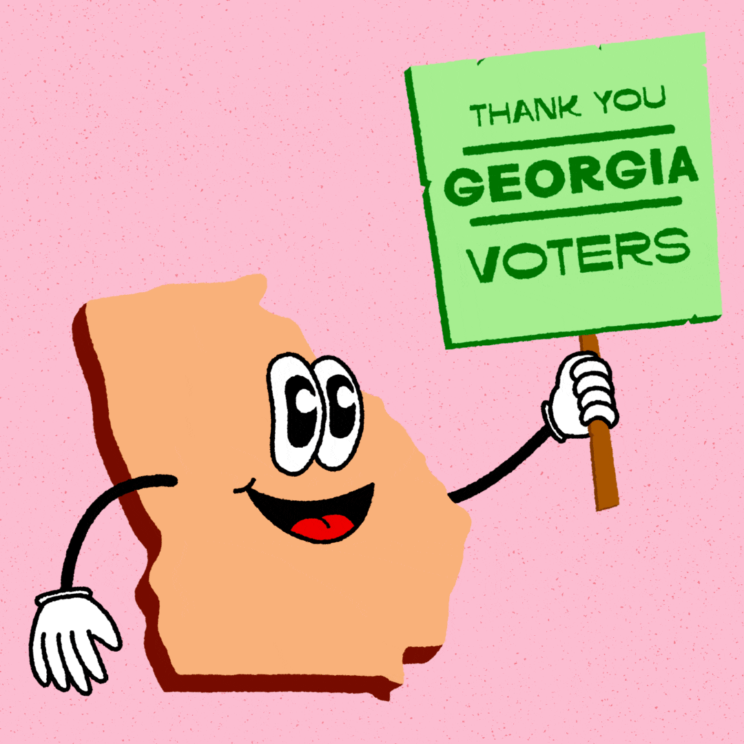 Digital art gif. Peach-colored graphic of the anthropomorphic state of Georgia on a pale pink background holding a spring green picket sign that reads "Thank you Georgia voters!"