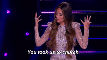 Reality TV gif. Nicole Sherzinger on The Masked Singer holds her hands up in disbelief as she says, “You took us to church.”
