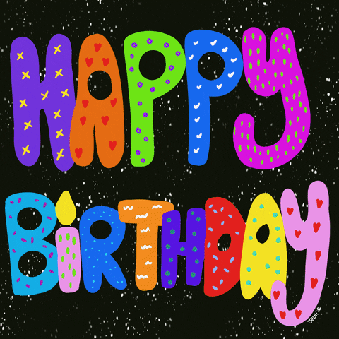 Text gif. Multi-colored text, "Happy Birthday," flashes against a black speckled background, each letter with a fun design including confetti, polka dots, squiggles, and hearts. 