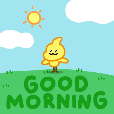 Cartoon gif. Yellow pterodactyl Dino Sally dances on green grass under a shining yellow sun. Text, "good morning."