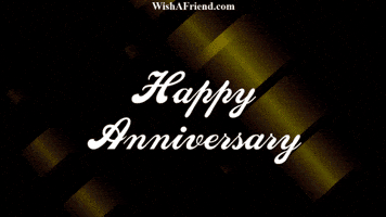 Text gif. White cursive gif on a shimmering gold background: "Happy Anniversary."