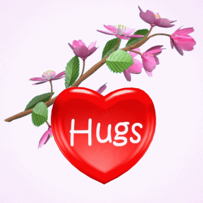 Digital art gif. A cherry blossom and a red heart spin in opposite directions from one another and  the text in the heart reads, "Hugs."