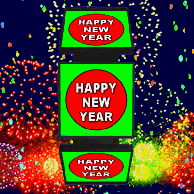 Digital art gif. Fireworks erupt behind a spinning wheel of lime green squares with red circles that read, "Happy New Year."