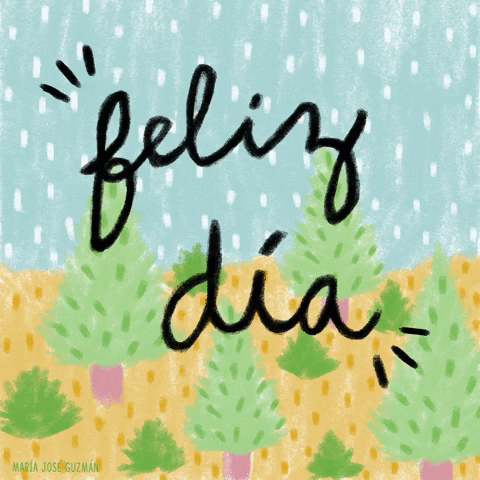 Digital illustration gif. Black text on a snowy forest backdrop filled with pine trees reads, "Feliz dia de la madre."