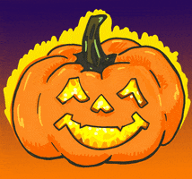 Illustrated gif. Golden yellow flames flicker in and around a smiling jack-o-lantern.