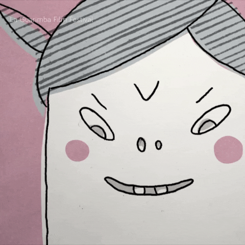 Kawaii gif. A stuttering animation of a girl with bunny ears and rosey cheeks gives us an evil glare, then smiles.