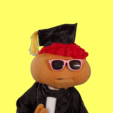 Video gif. Gerbert, a puppet, has sunglasses and a graduation cap and gown on. He twirls his head around as he says, "Congratulations!"