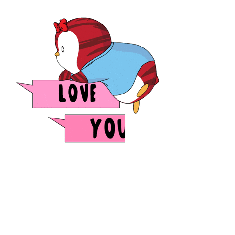 Cartoon gif. A chubby red penguin wearing a long blue shirt and a red bow on its head climbs down three descending speech bubbles that read, "Love you so much!" As the penguin blows a kiss, red hearts appear. 