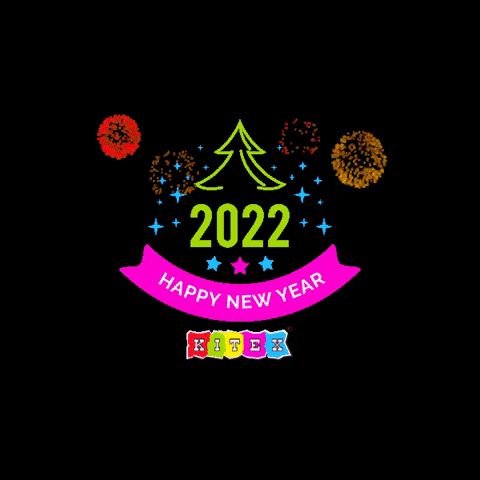 Text gif. With a festive design and exploding fireworks the words “2022 Happy New Year Kitex.” are displayed.