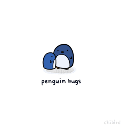 Kawaii gif. A small blue penguin hugs a larger blue penguin against a white background. A little pink heart appears and fades in and out over the small penguin as both birds close their eyes in hugging bliss.