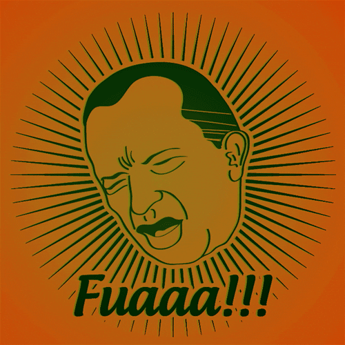 Illustrated gif. Face of a grimacing man with lines radiating around it flashes from light to dark on a lime green and orange background. Text, "Fuaaa!"