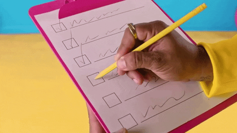 An animated gif video of a clipboard with a to-do list on it, but the list items are just squiggles so they could be anything we imagine. There are checkboxes for each item. The list is on a clipboard that is held by a person wearing a yellow sweater (you can just see the hand and the sleeve), who holds it with one hand and checks off an item with the other hand.