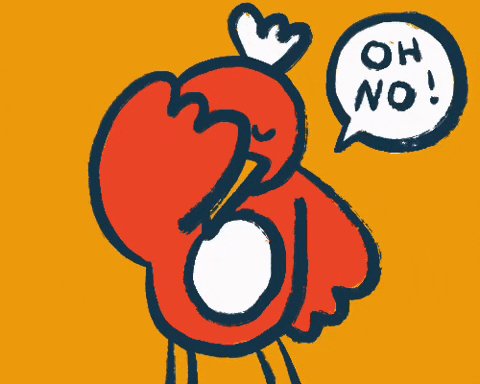 Illustration gif. A red bird shakes his head and facepalms. A speech bubble next to his head says, “Oh no!”