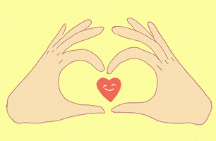 Digital art gif. Two hands form their fingers into a heart as a smiling red heart dances around inside. 