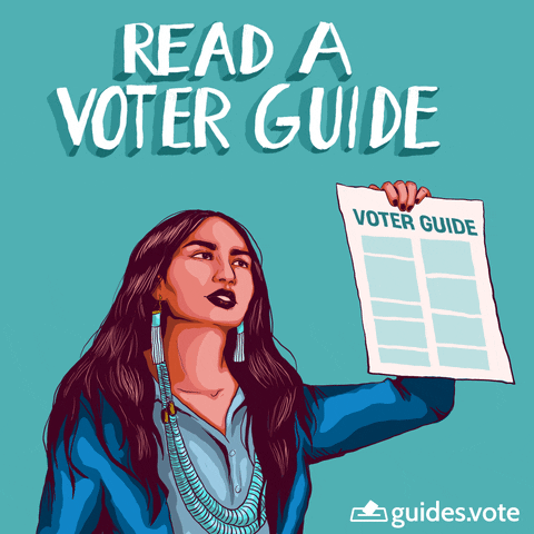 Digital art gif. Indigenous woman wearing blue earrings, necklace, and outfit waves a paper in the air labeled, “Voter guide.” Text, “Read a voter guide.”