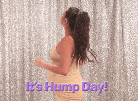 Celebrity gif. A pregnant Shay Mitchell does a little dance as she shakes her hips and thrusts her chests while moving her arms. Text, “It’s Hump Day!”