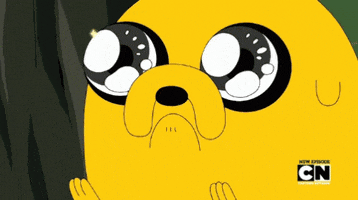 Cartoon gif. Jake from Adventure Time Looks up with big sparkly eyes like he’s begging. His pleading frown changes to a wrinkly smile and he places his paws on his cheeks in excitement.