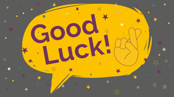 Digital art gif. A graphic of the words "good luck!" in a yellow word bubble, with crossed fingers and twinkling stars.