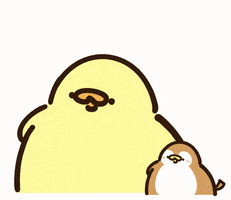 Kawaii gif. A round yellow duck called FoodieG and a smaller bird at its side both put on sunglasses at the same time, as sparkles appear in the background.