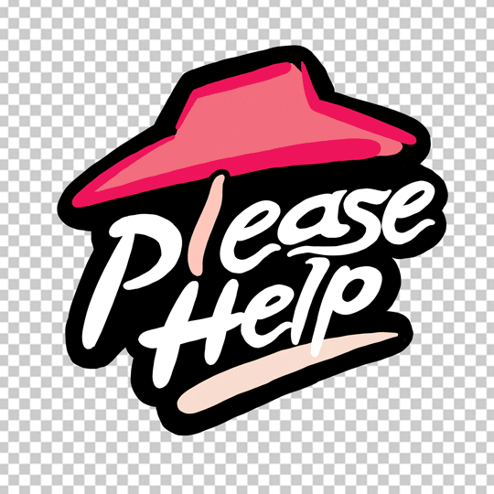 Digital art gif. The words "Please help" appear in the place of "Pizza Hut" under the Pizza Hut logo.