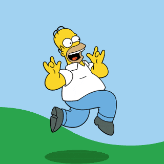 The Simpsons gif. Homer gleefully leaps and bounds over green hills. 