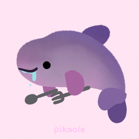 Illustrated gif. Purple dolphin walks on its back tail fins like they’re feet. The dolphin leans forward, holding a spoon and fork in each fin, and drool drips excessively from its mouth.