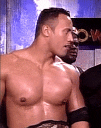 TV gif. Shirtless Dwayne Johnson as The Rock rolls his eyes and gestures back at someone behind him.