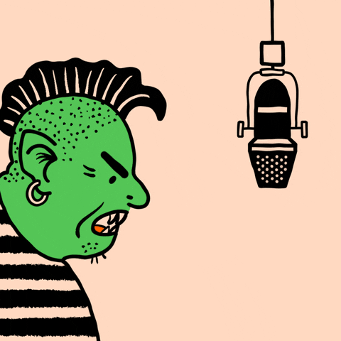 Digital art gif. Angry green troll with a mohawk and sharp teeth shouts into a microphone against a peach background. The microphone falls, and text appears, “Nu dati trolilor a voce, verificati sursa.”