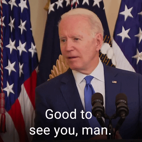 Political gif. Joe Biden points at someone and says, "good to see you, man."