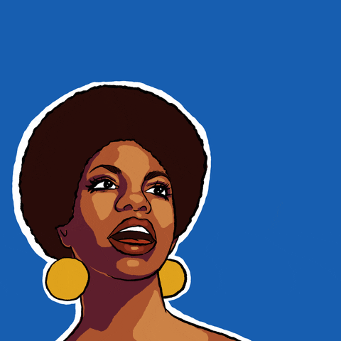Digital art gif. Black woman wearing gold earrings looks into the distance against a blue background. The word “power” appears above her head in bold, capitalized text.
