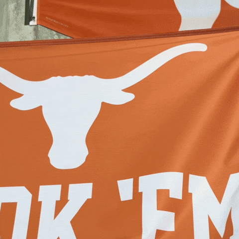 Sponsored gif. Two hands toast with University of Austin themed Bud Light cans in front of a banner featuring the University of Austin bull horns logo and their motto "Hook 'em"