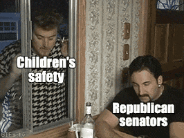Meme gif. From Trailer Park Boys, Robb Wells as Ricky watches John Paul Tremblay as Julian sitting at a table inside his house through a window. Julian promptly grabs the string of the window's blinds and quickly shuts the blinds in Ricky's face without so much as looking up. Ricky is labeled "Children's safety," Julian is labeled "Republican senators," and the blinds are labeled "N-R-A interests."
