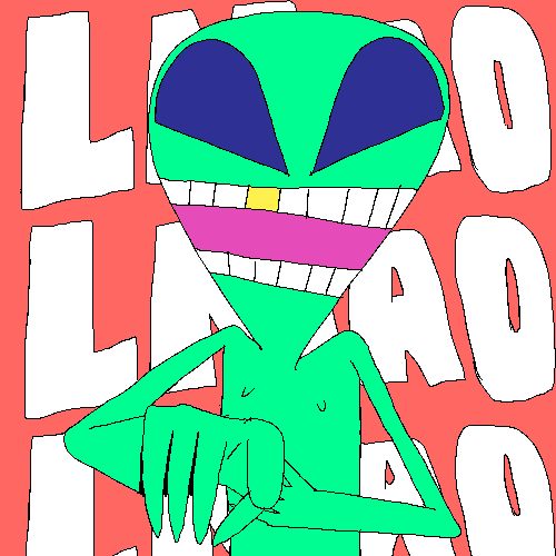 Illustrated gif. A green alien looks at us with tears in his eyes. He points at us and laughs. . Text, “LMAO LMAO LMAO.”