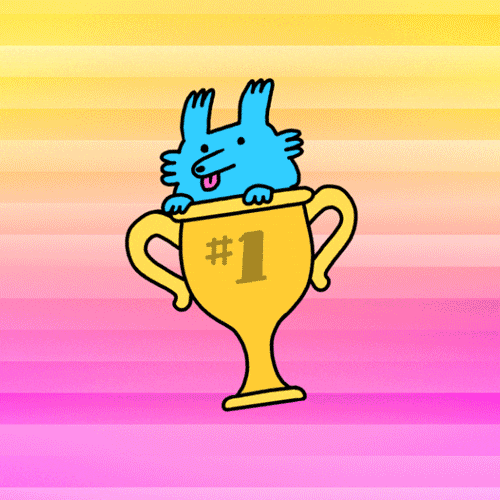 Illustrated gif. Gold #1 trophy floats above a yellow and pink striped background; and a blue dog pops up out of the trophy with its tongue hanging out.