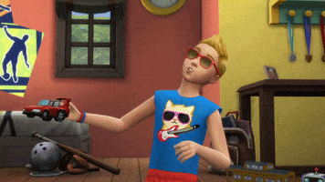Video game gif. A blonde child Sim reels back and covers their face with their hand while holding a toy car in the other. 