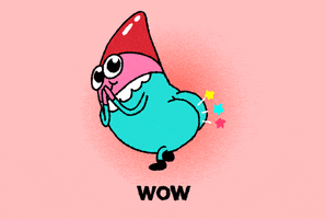 Illustrated gif. A gnomio stands sideways with its butt emphasized. It looks at us while holding its hands in front of its mouth as if surprised. Three lines with stars appear to shoot out of its butt like it's farting. Text, "Wow."