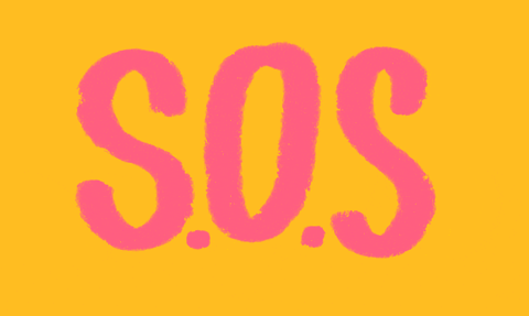 Text gif. Pink text on a yellow background. Text, “S.O.S.”