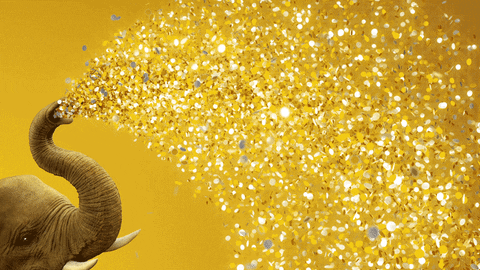 Pohyblivý gif se slonem, z jehož chobotu vylétávají zlaté mince.