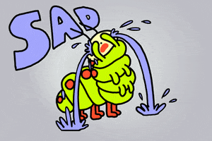 Illustrated gif. A green caterpillar covers its eyes and waterfalls of tears spray out of its eyes. Text, “Sad.”