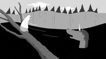 Illustrated gif. A unicorn is stuck in water and trying to tread over to a fallen branch. A friend stands on the branch tries to reach their arm out towards it to help. The gif is black and white.