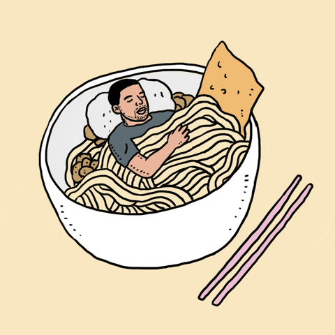 Cartoon gif. A man curls up for a nap in a bowl of ramen using the noodles as blankets.