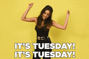 Celebrity gif. Shay Mitchell dances around, waving her arms in the air and turns in a circle. Text, “It’s Tuesday! It’s Tuesday!”