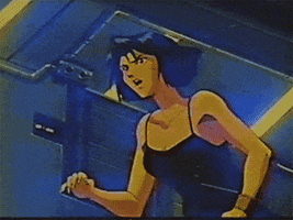 Anime gif. Myung Fang Lone from Macross Plus runs swiftly with determination. 