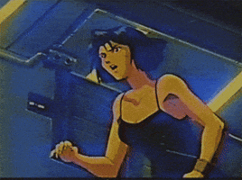 Anime gif. Myung Fang Lone from Macross Plus runs swiftly with determination. 